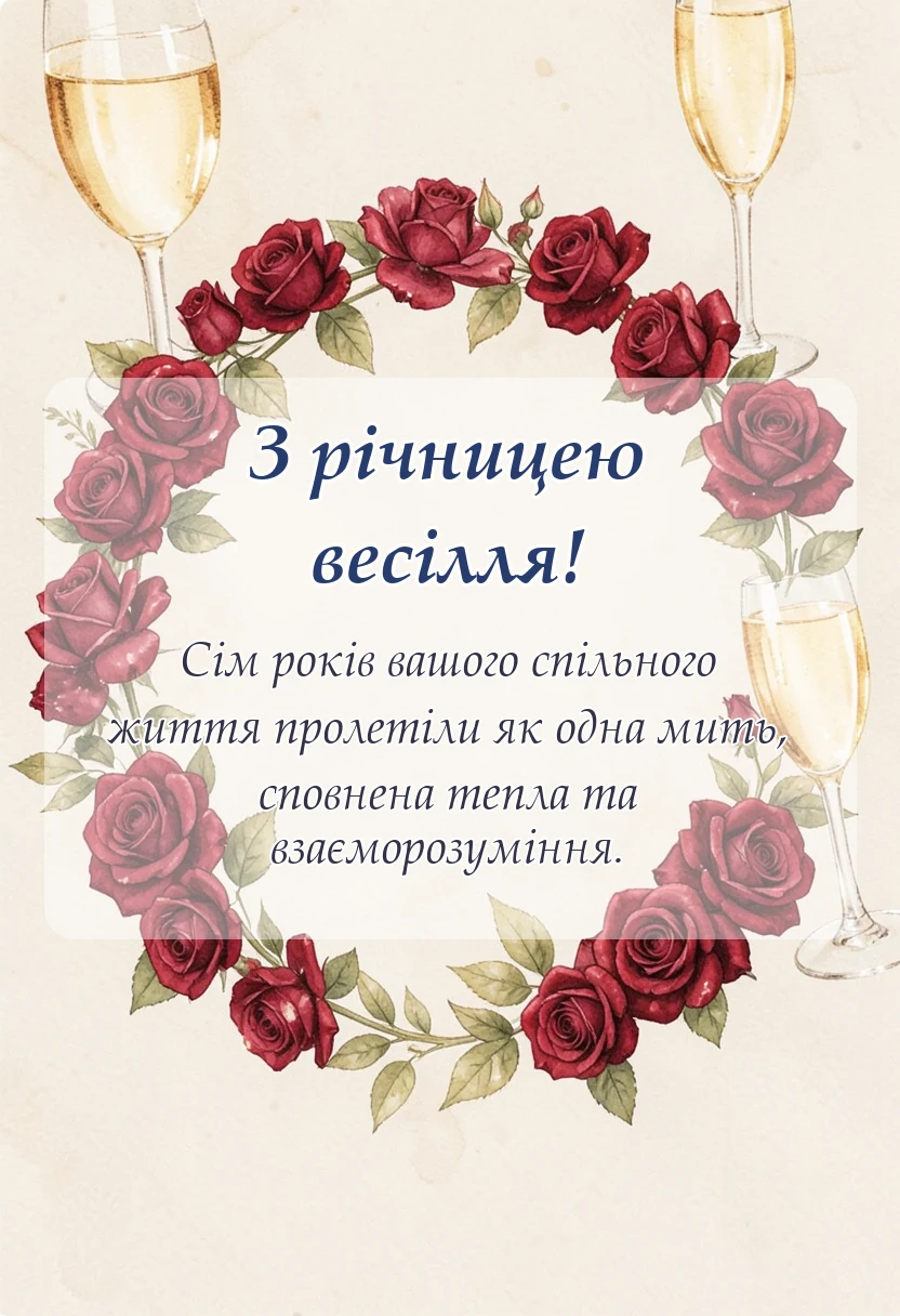 красива листівка: привітання з сьомою річницею весілля