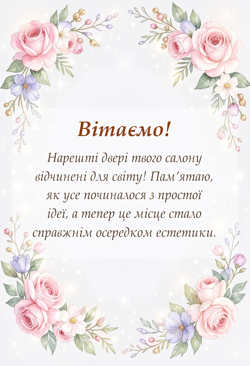 святкова картинка: привітання з відкриттям салону своїми словами