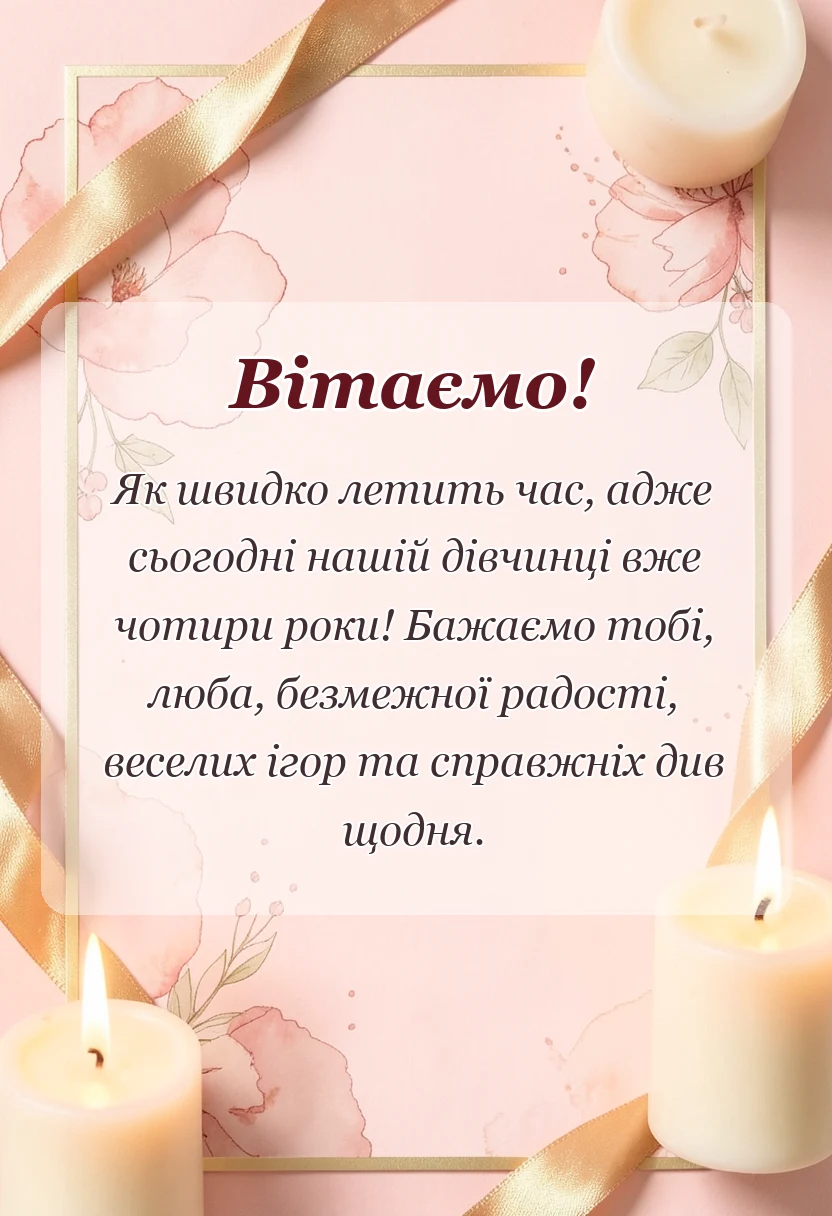 унікальна листівка - привітання з днем народження 4 роки дівчинці