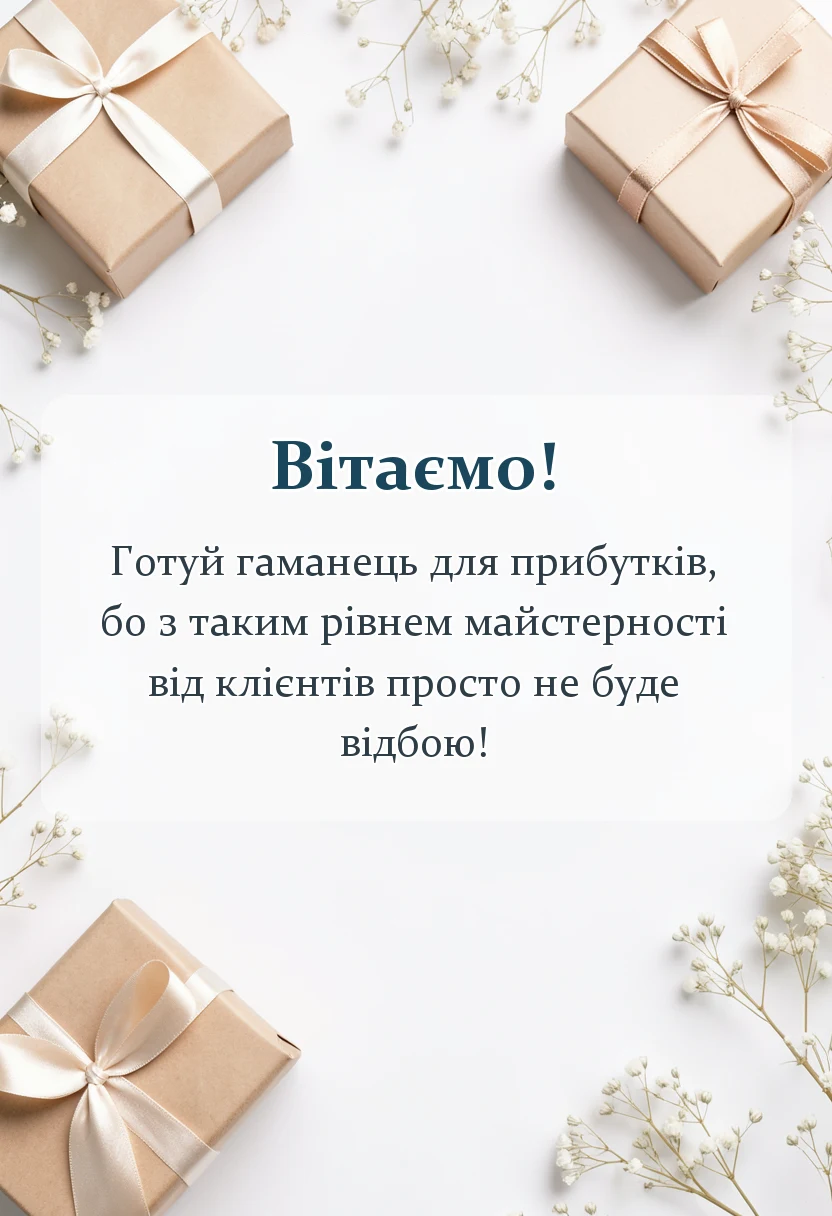 вітальна листівка - привітання з відкриттям салону своїми словами