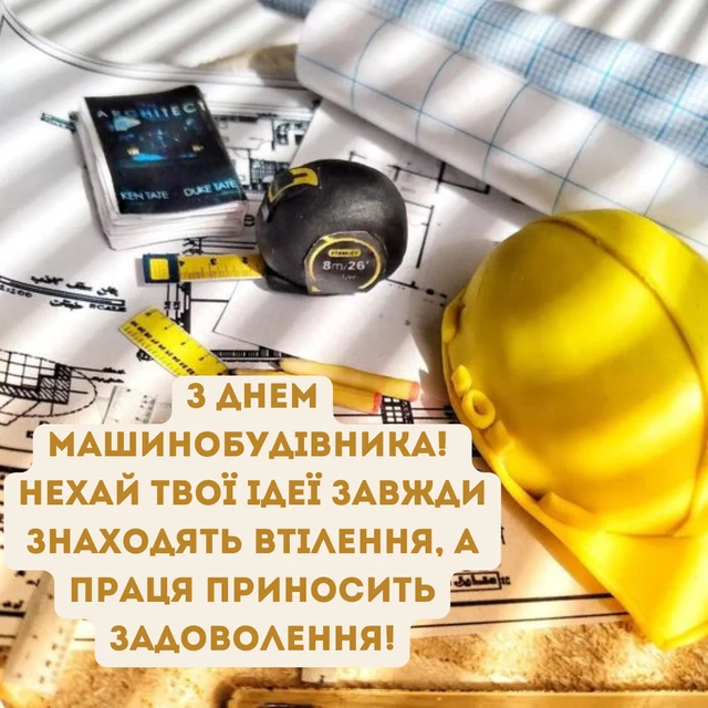 Привітання машинобудівнику з інструментами та кресленнями.