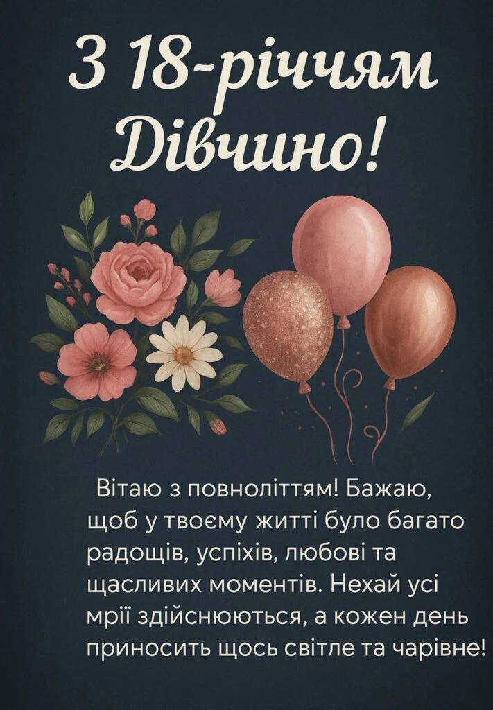 Картка з привітанням на 18-річчя для дівчини