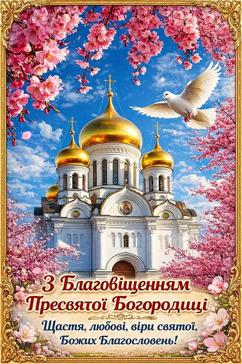 Церква з квітами та голубом на Благовіщення