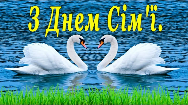 Два лебеді у формі серця на воді з привітанням українською.