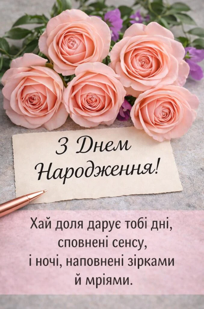 Розові троянди та привітання з днем народження українською.