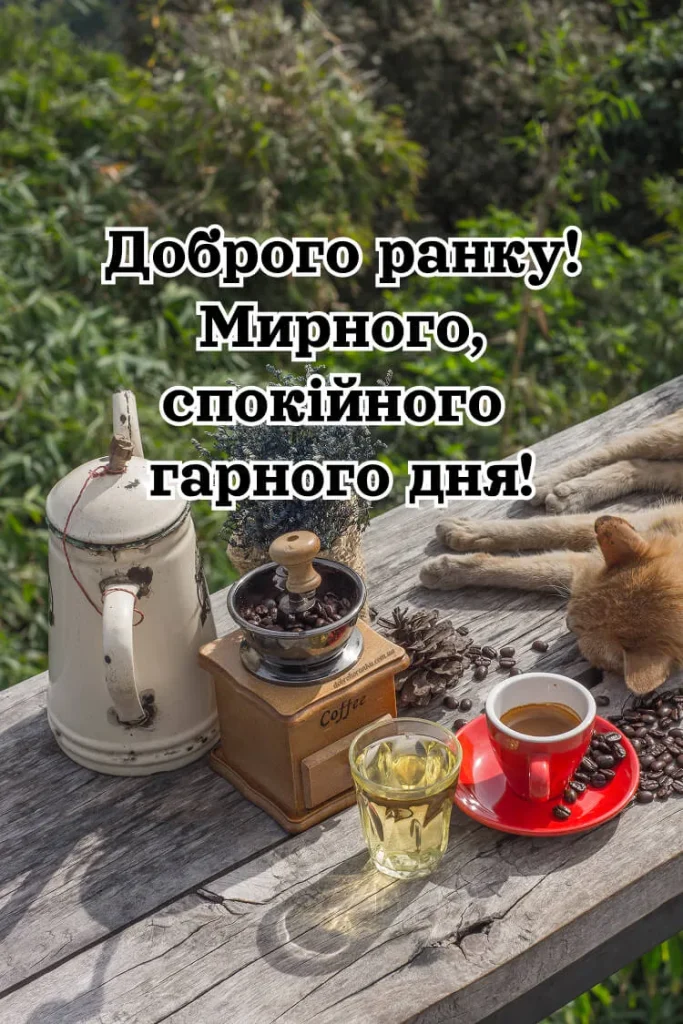 Спокійне ранок з кавою та котом на дерев'яному столі.