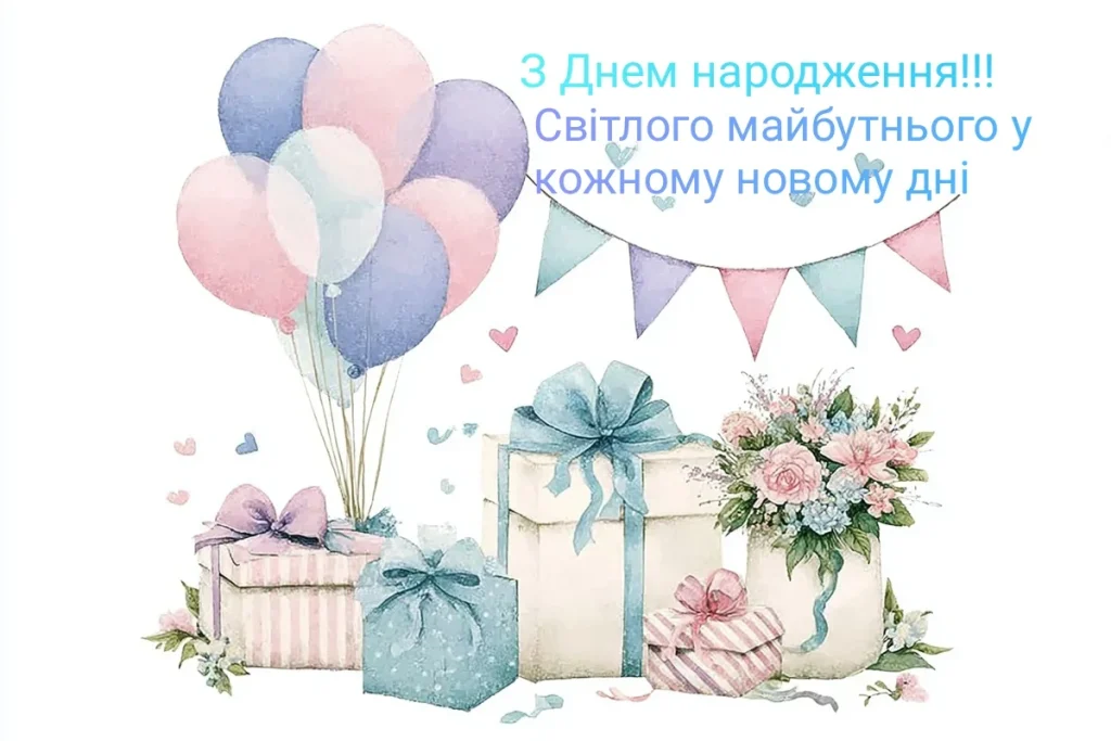 Картка з привітанням на день народження із балонами та подарунками.