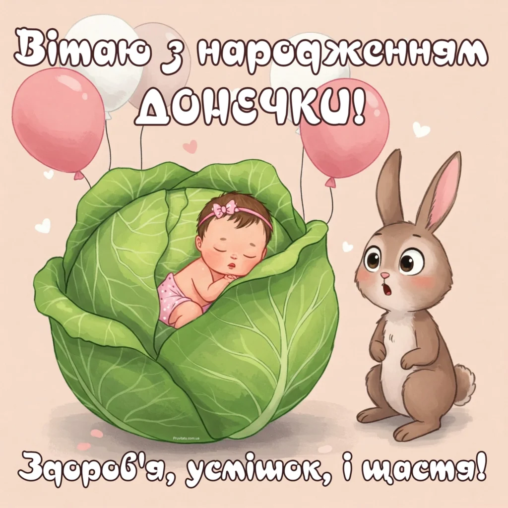 Сонна дівчинка в капусти та зайчик привітають народження.