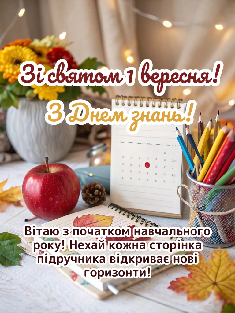 Осінній стіл з яблуком та календарем на 1 вересня