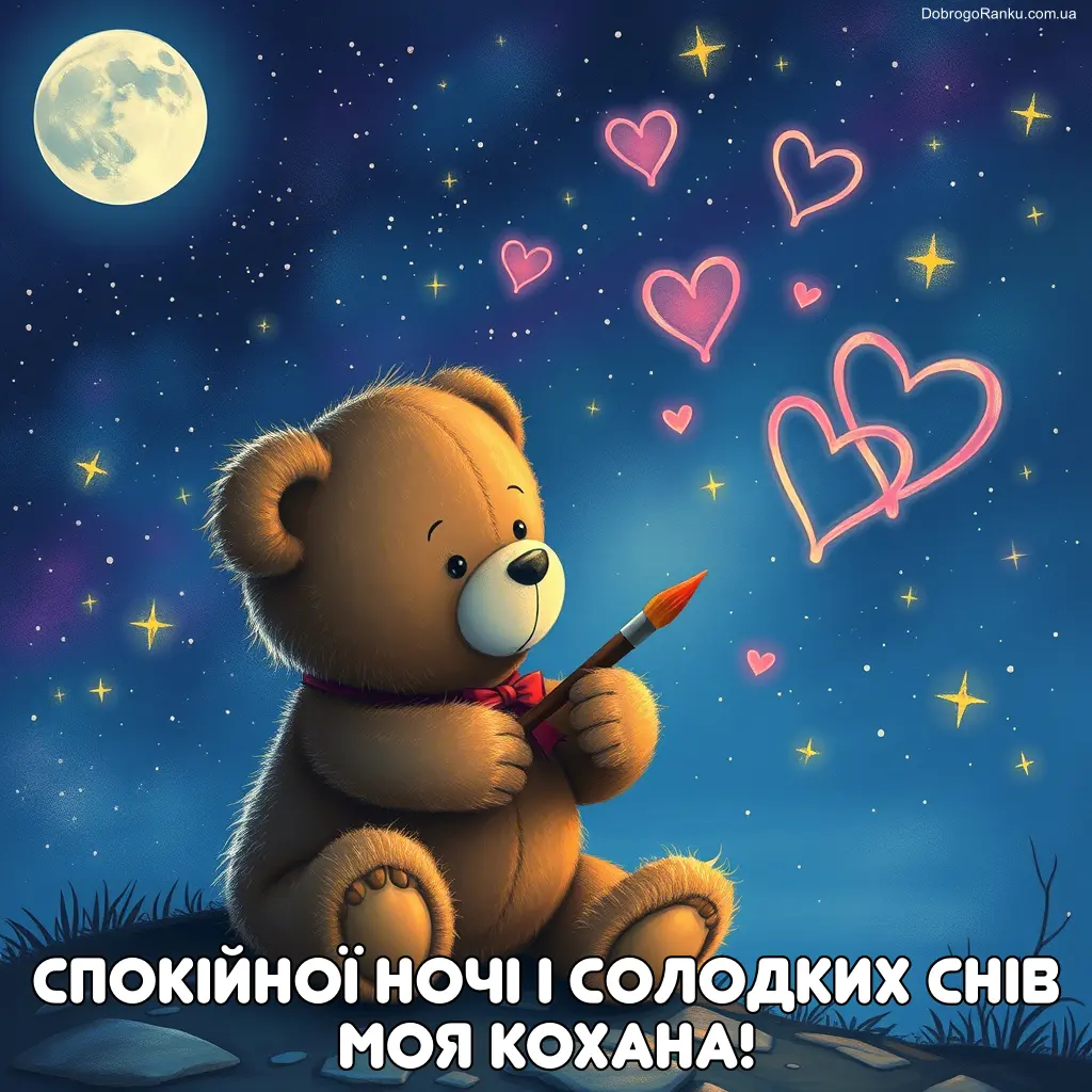 Мішка малює серця під місяцем для романтичної добранічі.