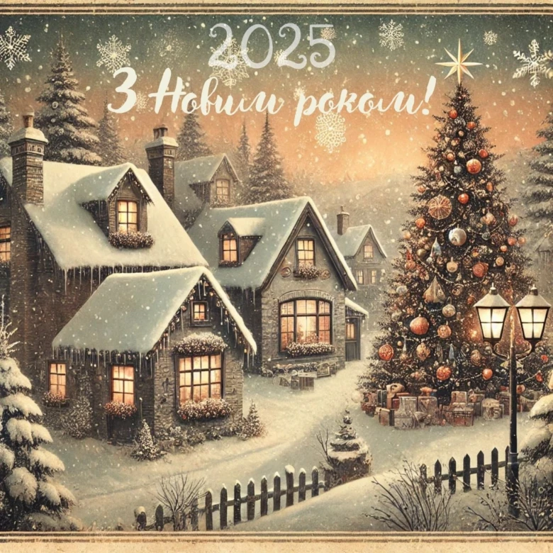 Сніжна сільська вулиця з ялинкою та привітанням на Новий рік.