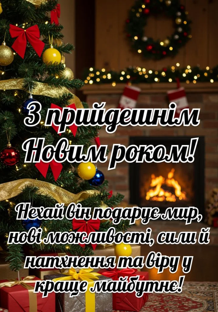 Новорічне привітання з ялинкою та камином