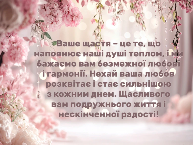 Весільне привітання з квітами та побажаннями щастя.