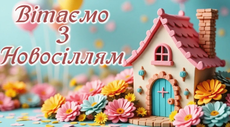 Кольоровий будиночок з квітами та привітанням на новосілля українською.