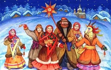 Група людей у народних костюмах святкує Щедрівку на сніжному пагорбі.