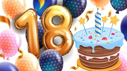 Картка з привітанням на 18-річчя із тортами та кульками
