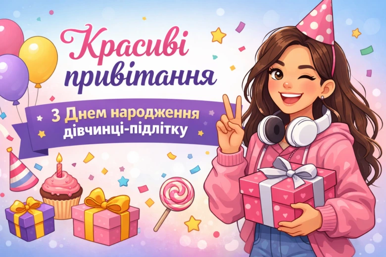 Дівчина з подарунками та тортами на день народження