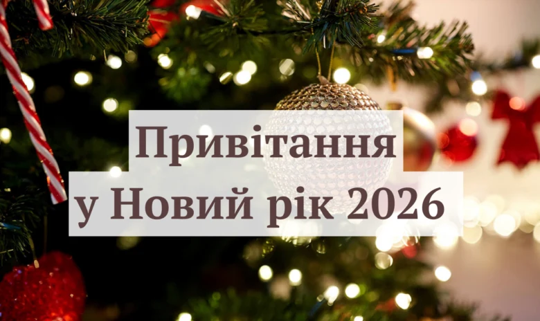 Новорічне привітання на фоні різдвяного дерева з написом про 2026 рік.