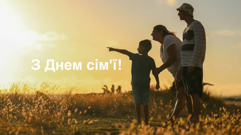 Сім'я йде полем на заході сонця