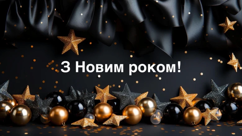 Чорно-золоте привітання з новим роком зірками та кульками.