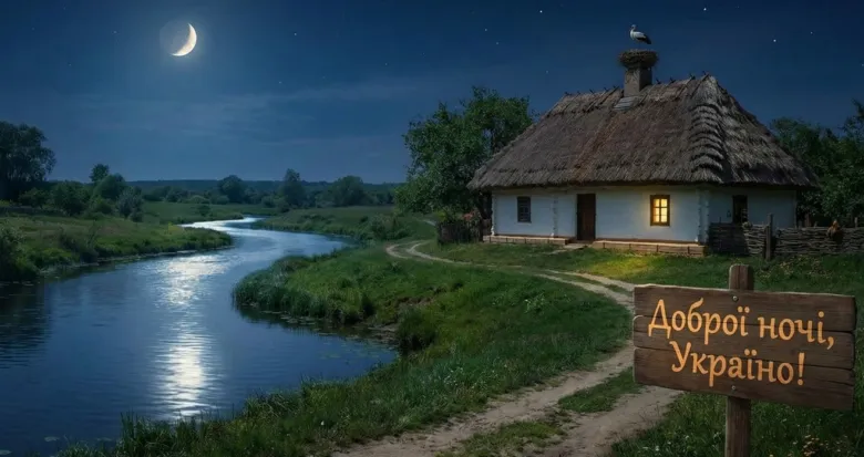 Спокійна ніч над українським селом з хатою та річкою.
