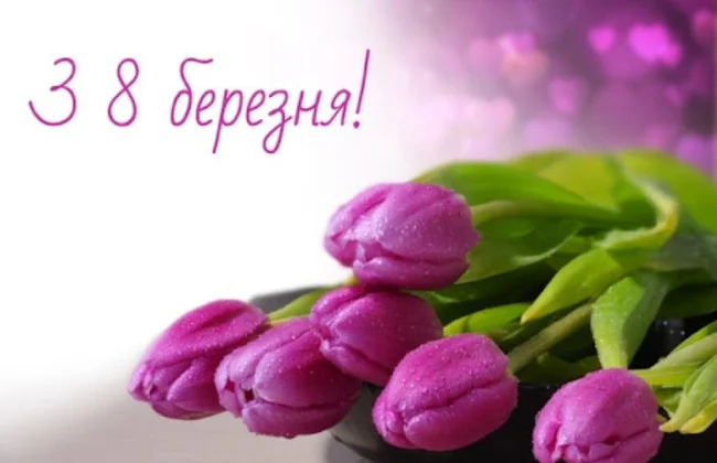 Розові тюльпани та привітання з 8 березня українською.