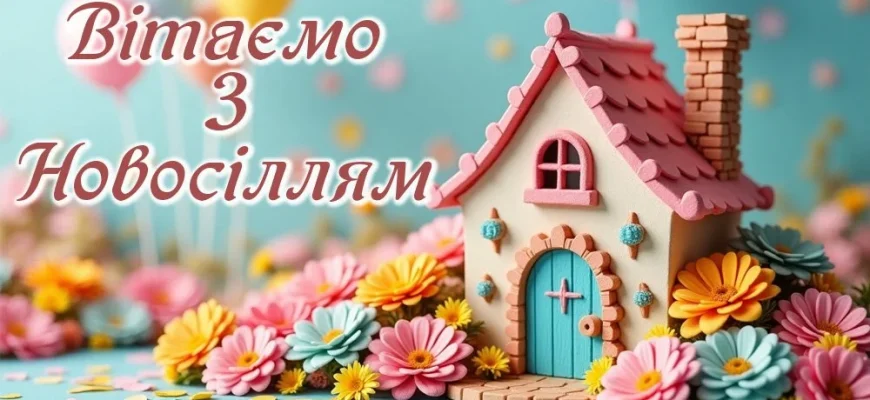 Кольоровий будиночок серед квітів з привітанням на новосіллі.