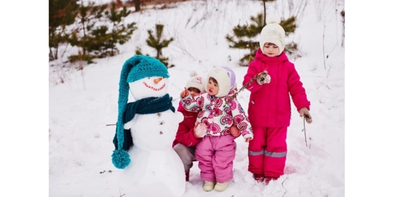 Діти в теплій зимовій одязі біля сніговика на фоні