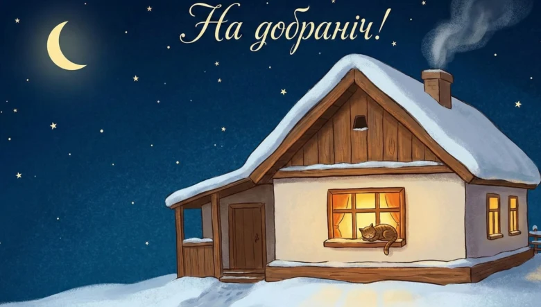 Затишний будиночок у снігу з котом на підвіконні.