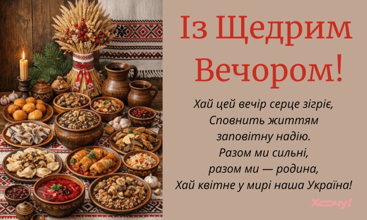 Стіл з традиційними стравами на Щедрів вечір та вірш про мир.