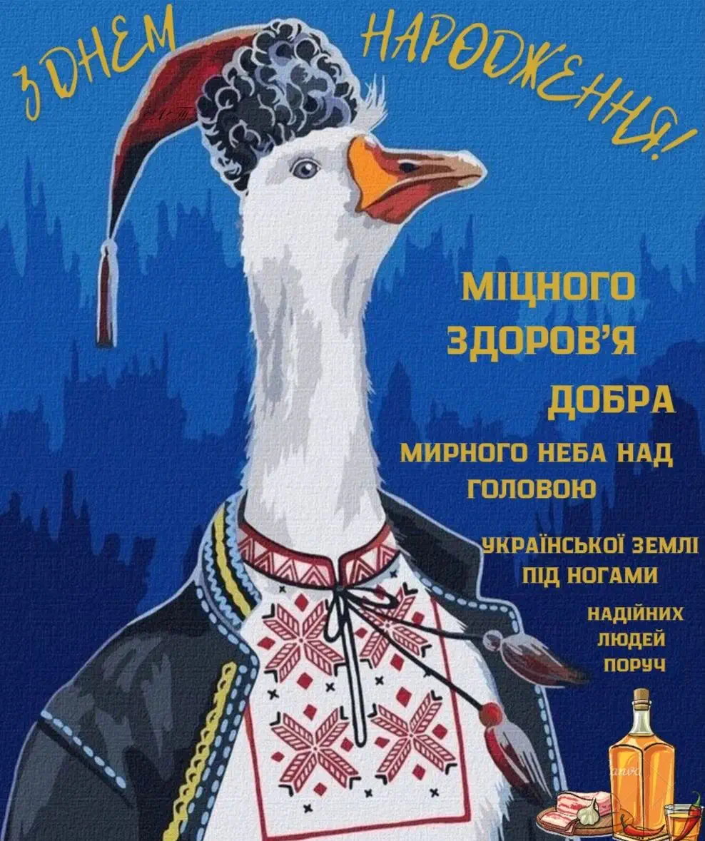Гус у вишиванці з привітанням на день народження.