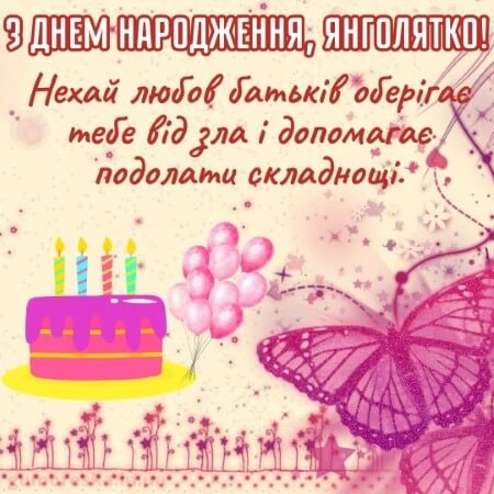 Картинка з днем народження: торт, кульки та метелик