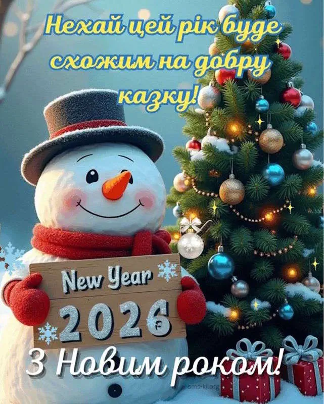 Сніговик з написом Новий рік 2026 та ялинкою