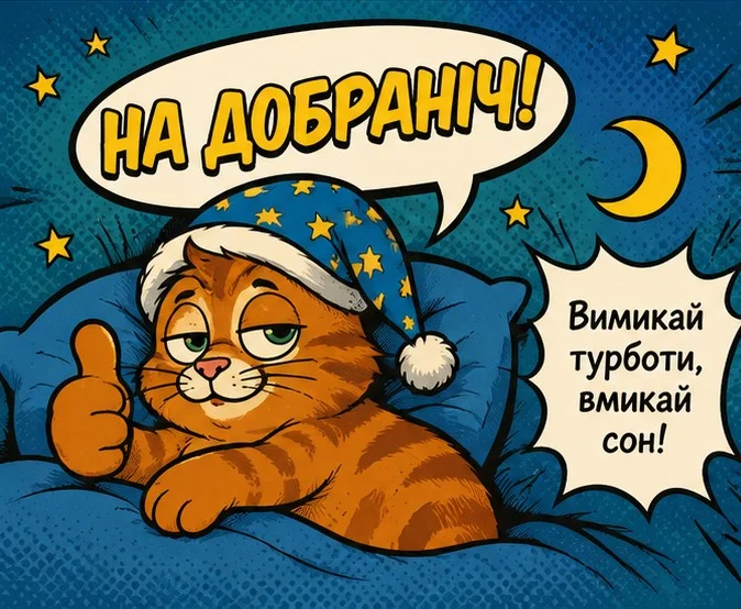 Кіт у шапці каже «На добраніч!» під місяцем.