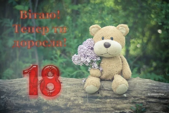Мішка з фіолетовими квітами та написом вітання на день народження.