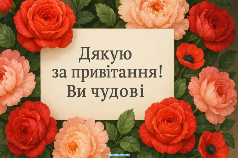 Квіти та напис українською: Дякую за привітання!