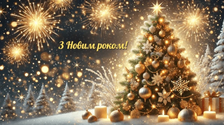 Золота ялинка, феєрверки та сніг на Новий рік.
