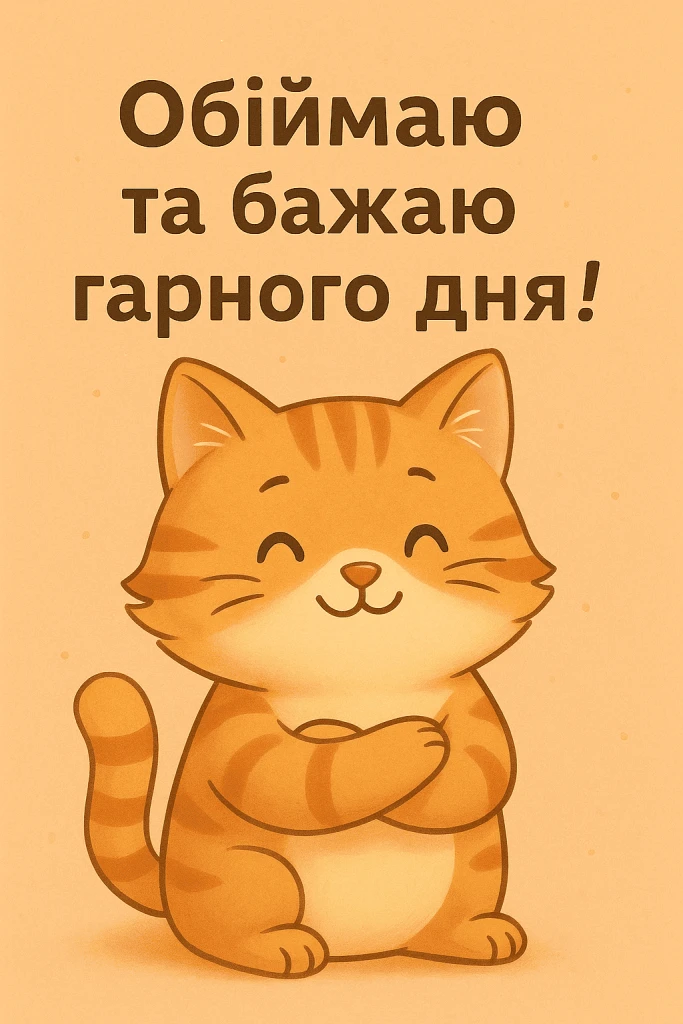 Картинка з котиком, що обіймає себе і бажає гарного дня.